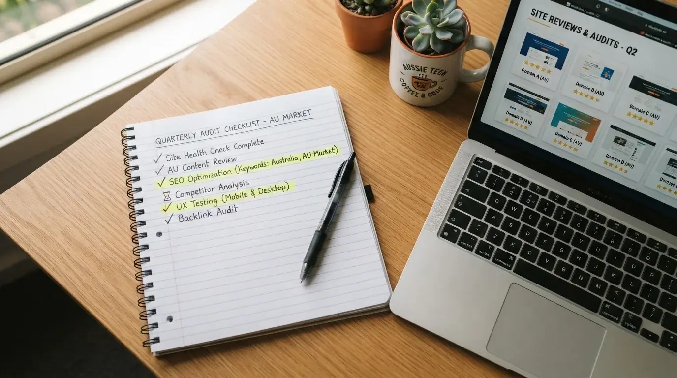 A notepad with a handwritten checklist and highlighted rows sits beside an open laptop showing several site reviews.