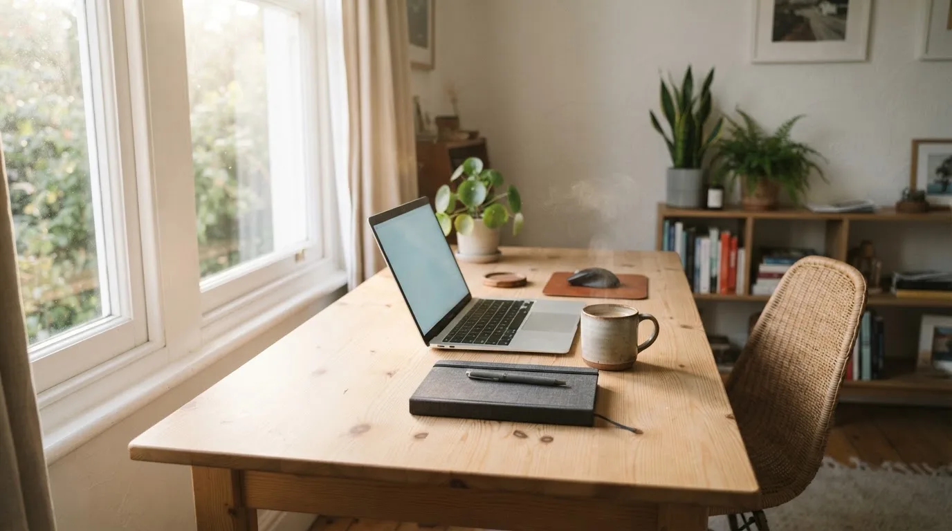 A wide shot of a home office desk with a laptop, notebook and coffee, morning light coming through a window.