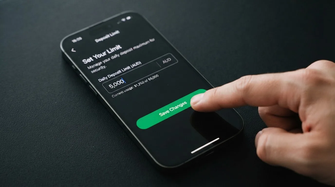 A close-up of a phone showing a deposit-limit settings screen, thumb about to tap 'save'.
